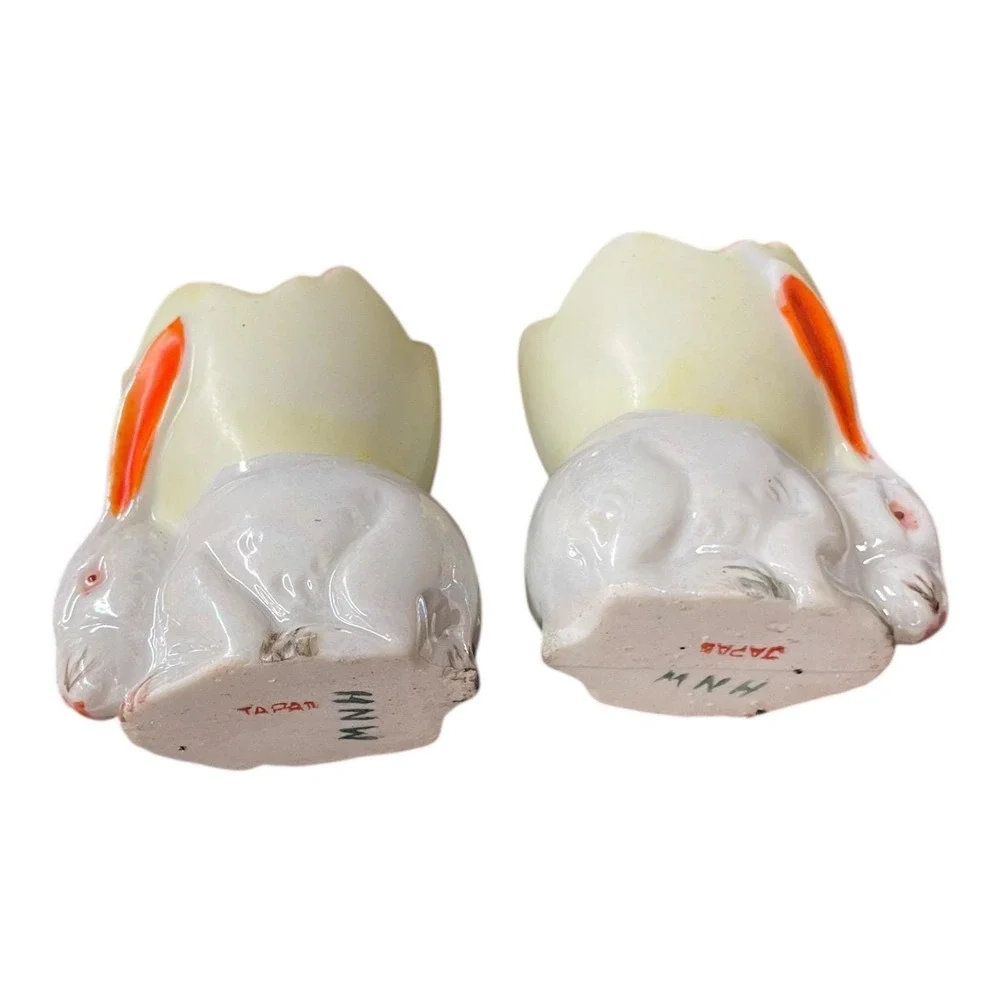 Vintage Japanese Rabbit Salt Cellars Nesting Pair‎ MCM Porcelain Bunny HNW Japan